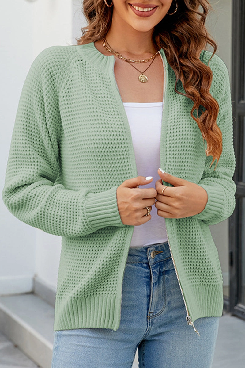 Water Repellent Coating WOMEN ZIP UP CLOSURE WAFFLE KNITTED LIGHT JACKET