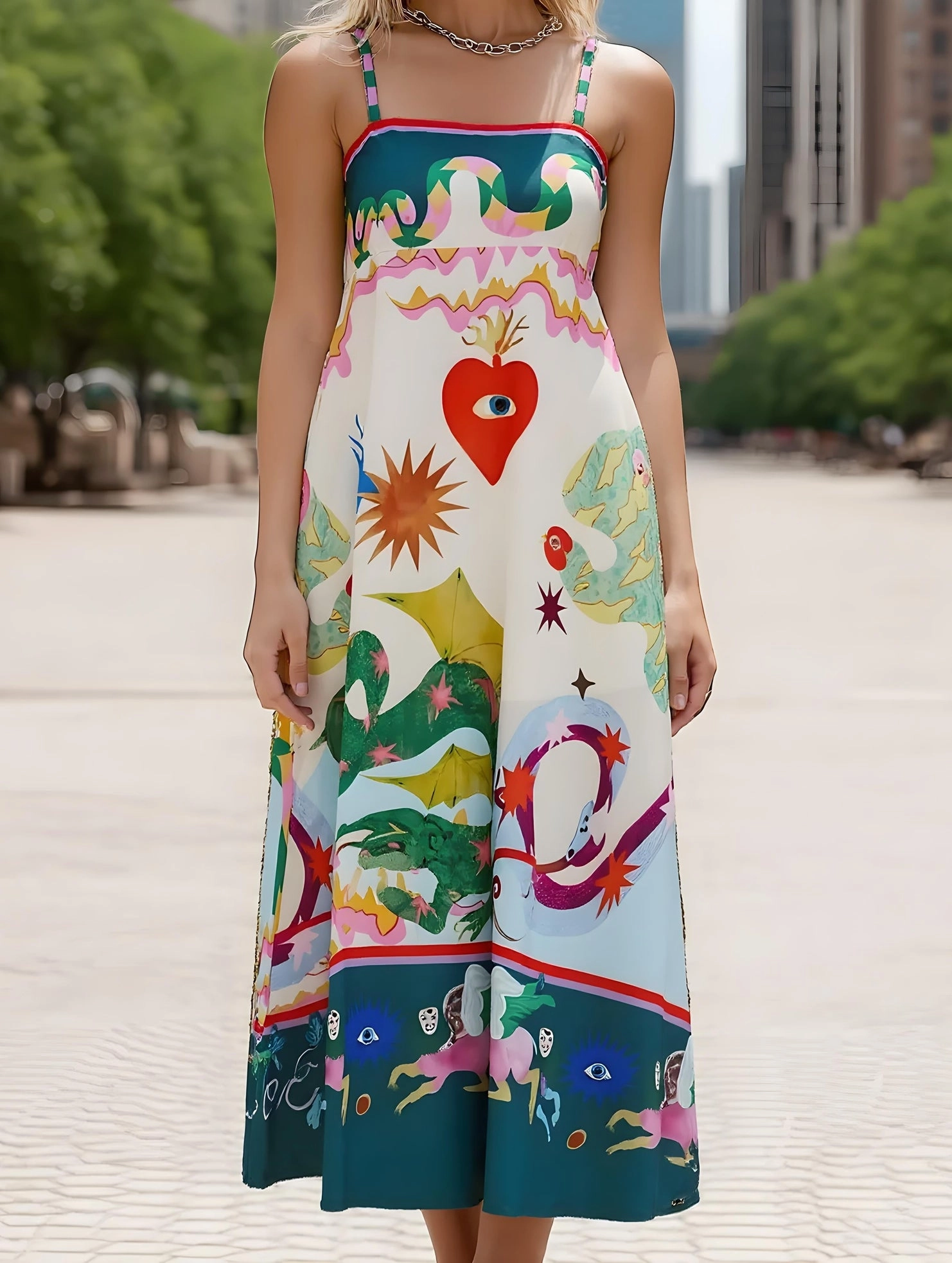Clean Structure Anti-bacterial Wonderland Fairy Print Swing Dress ??Whimsical Strappy Midi