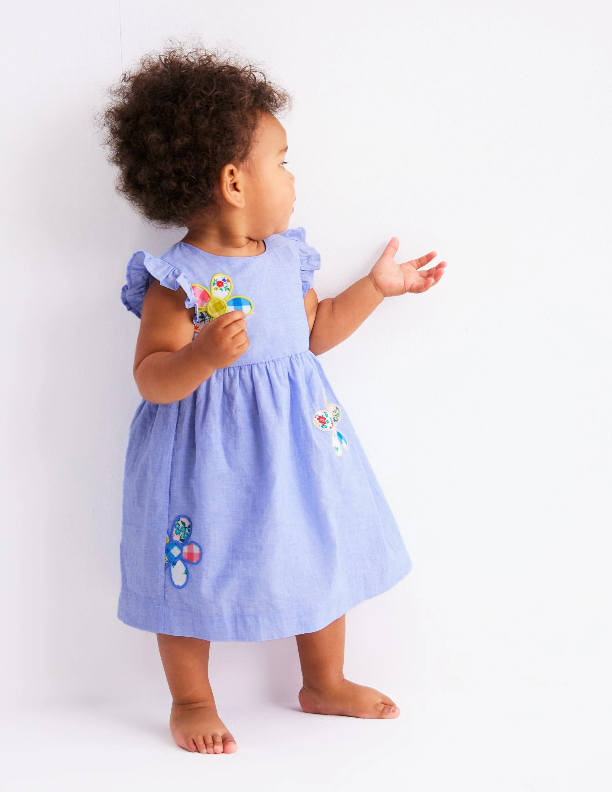 Timeless and Comfortable Woven Frill Dress-Blue Patchwork Flower