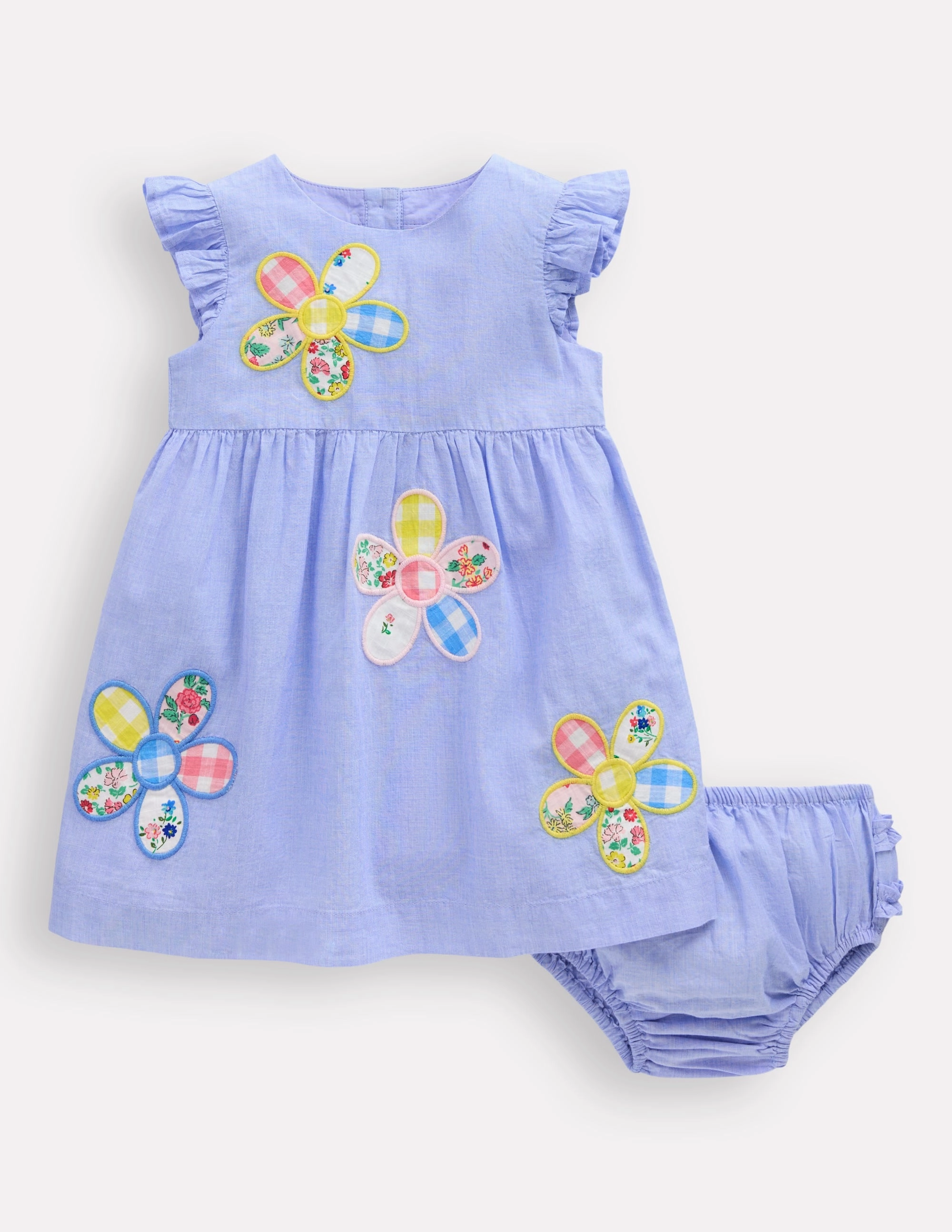 Sharp Style Office Shape Woven Frill Dress-Blue Patchwork Flower