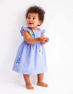 Woven Frill Dress-Blue Patchwork Flower Grace Color