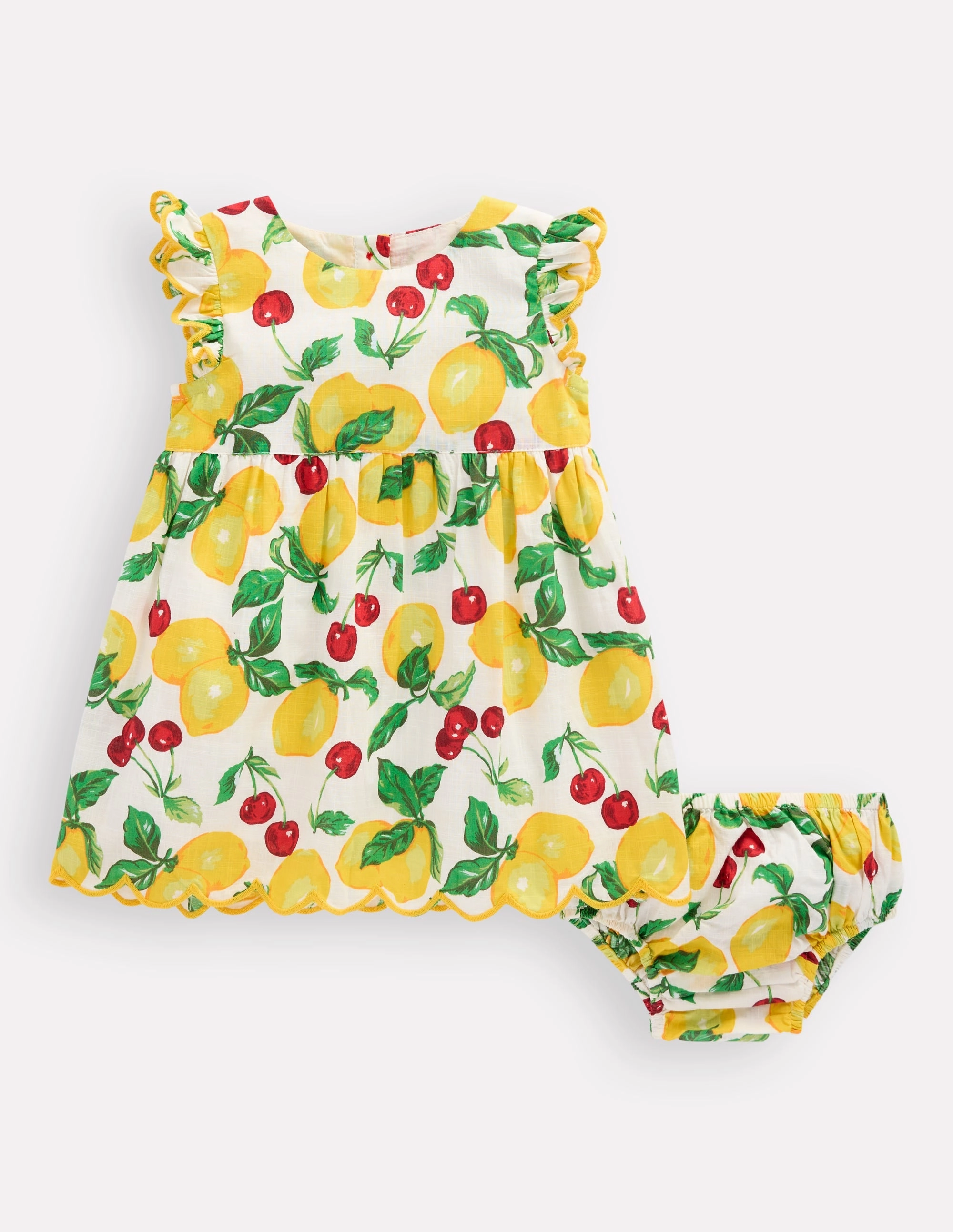 Woven Frill Dress-Soft Ivory Lemons and Cherries Soft Cut