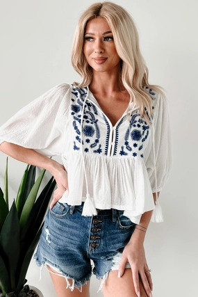 Anti Fade Technology Woven In Whimsy Embroidered Peplum Top (White/Blue)