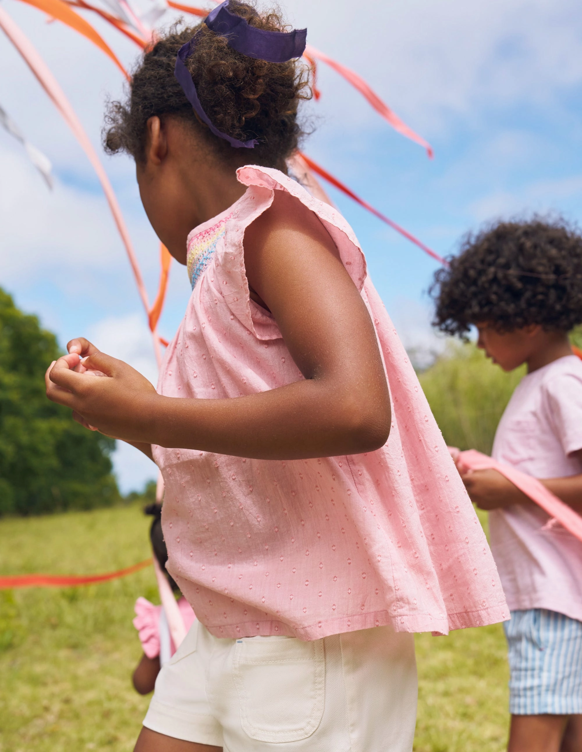 Layered Panel Design Sun Protection Fabric Woven Smocked Top-Vintage Pink