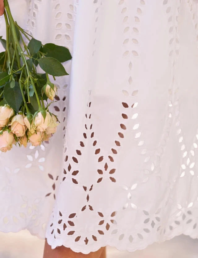 Elegant formal outfit Artistic Flair Grace Midi Eyelet Dress White