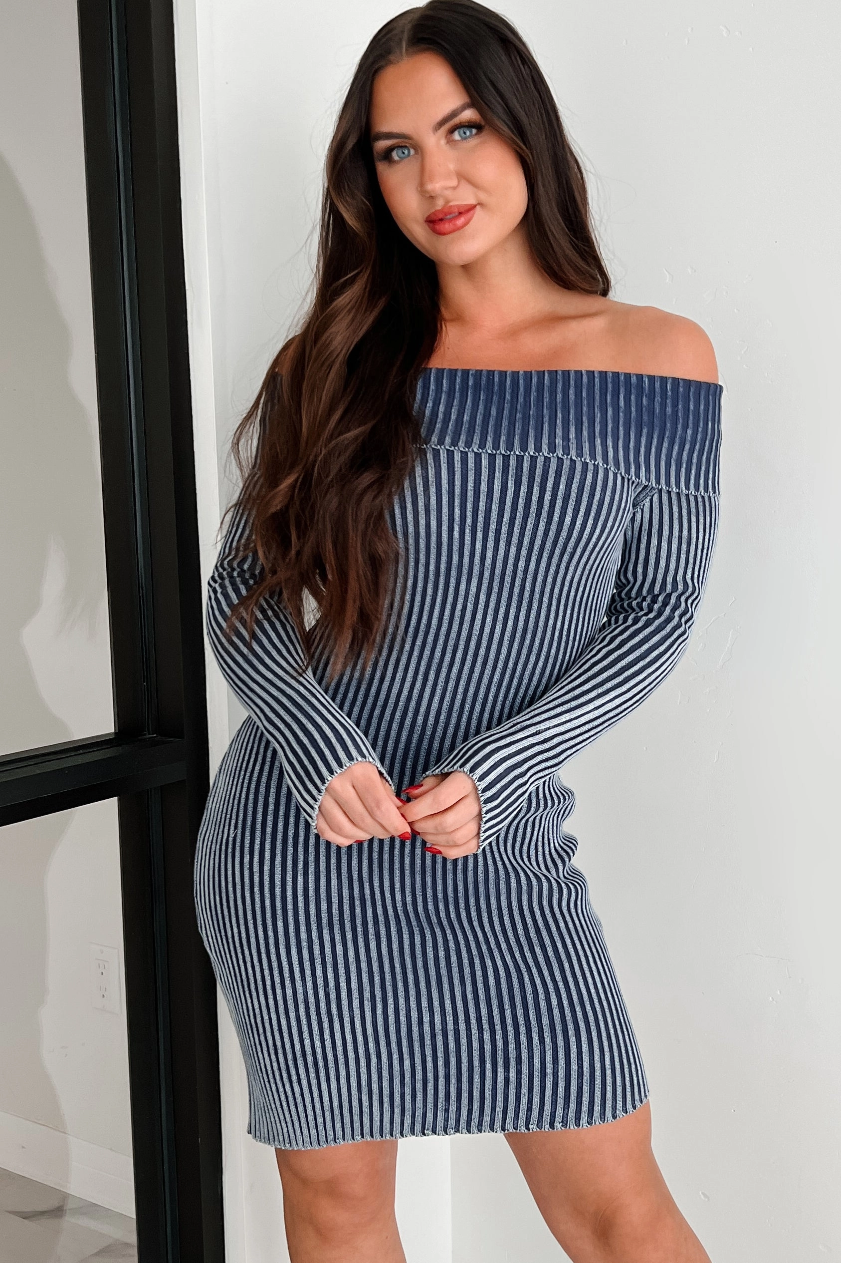 Peggy Off The Shoulder Sweater Dress (Dark Denim Blue) Refined Stitch