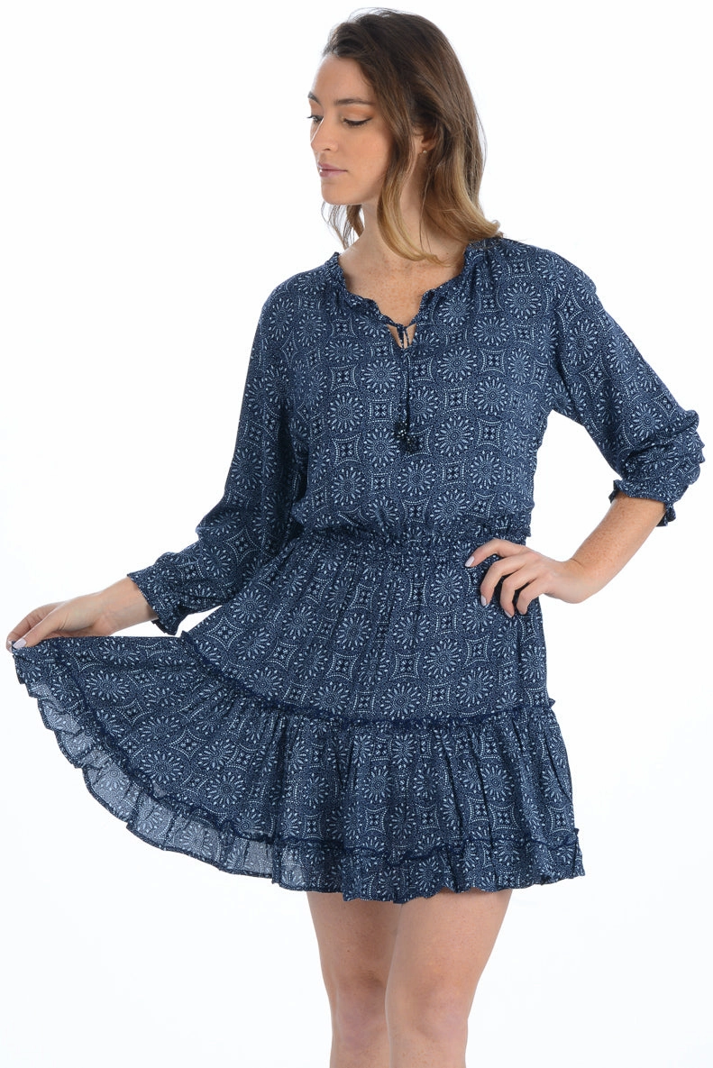 Modern Touch Sculpted Detail Ibiza Dress / Deep Indigo Medallion