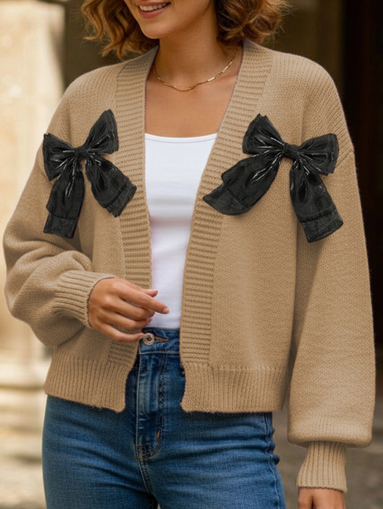 SnagResistant Women's Ribbon Bow Spliced Cardigan Sweater