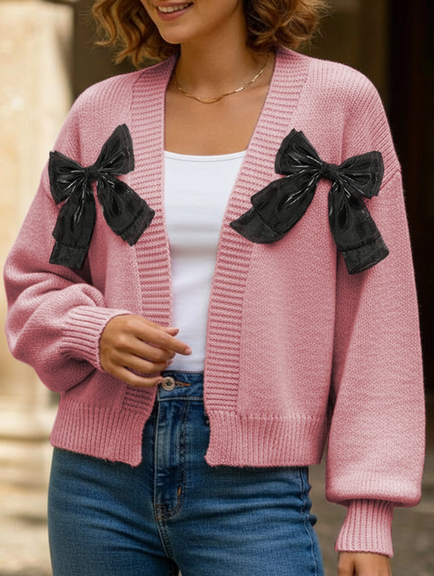 SecurePockets Women's Ribbon Bow Spliced Cardigan Sweater