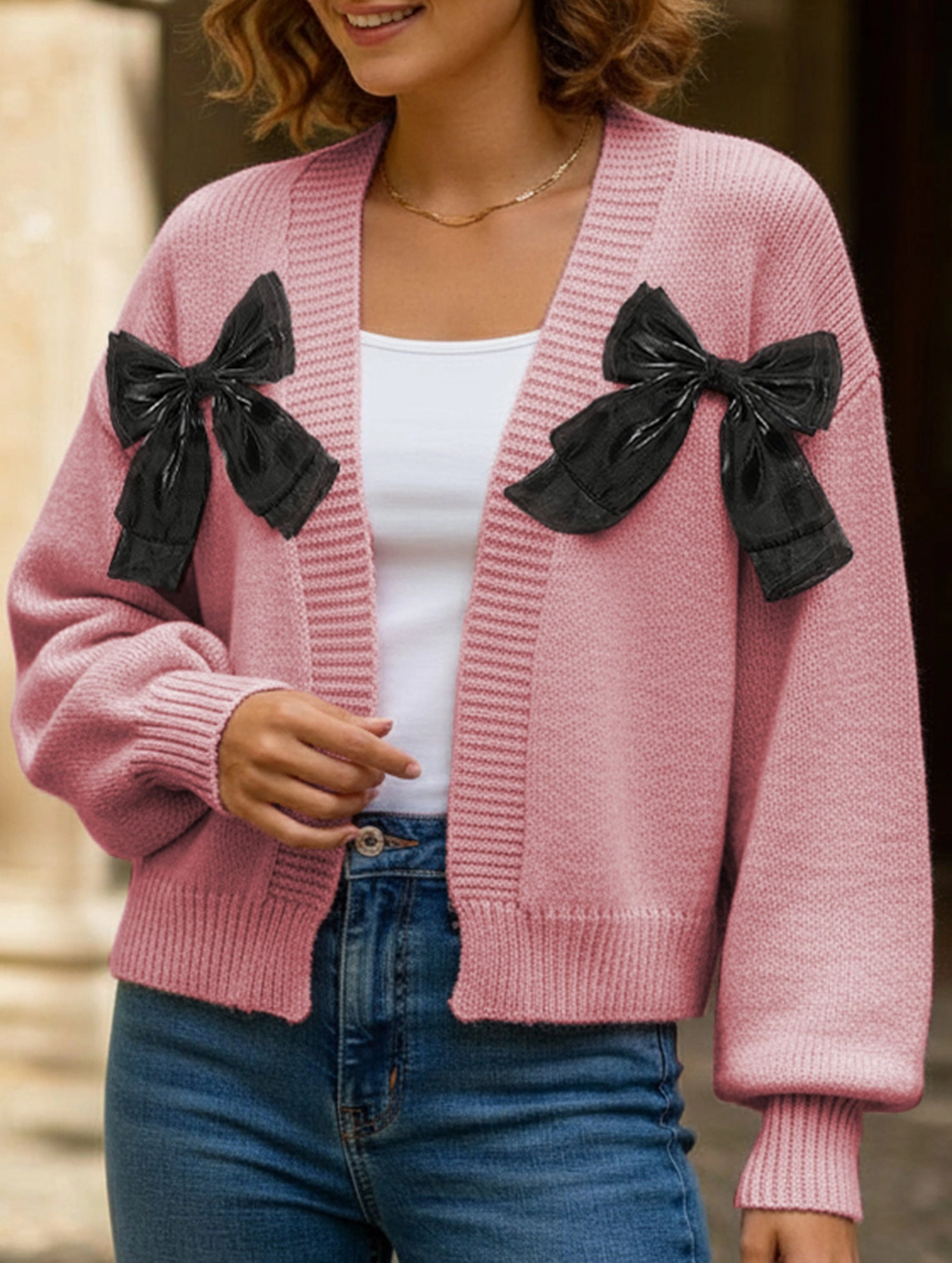 TaglessLabel Women's Ribbon Bow Spliced Cardigan Sweater