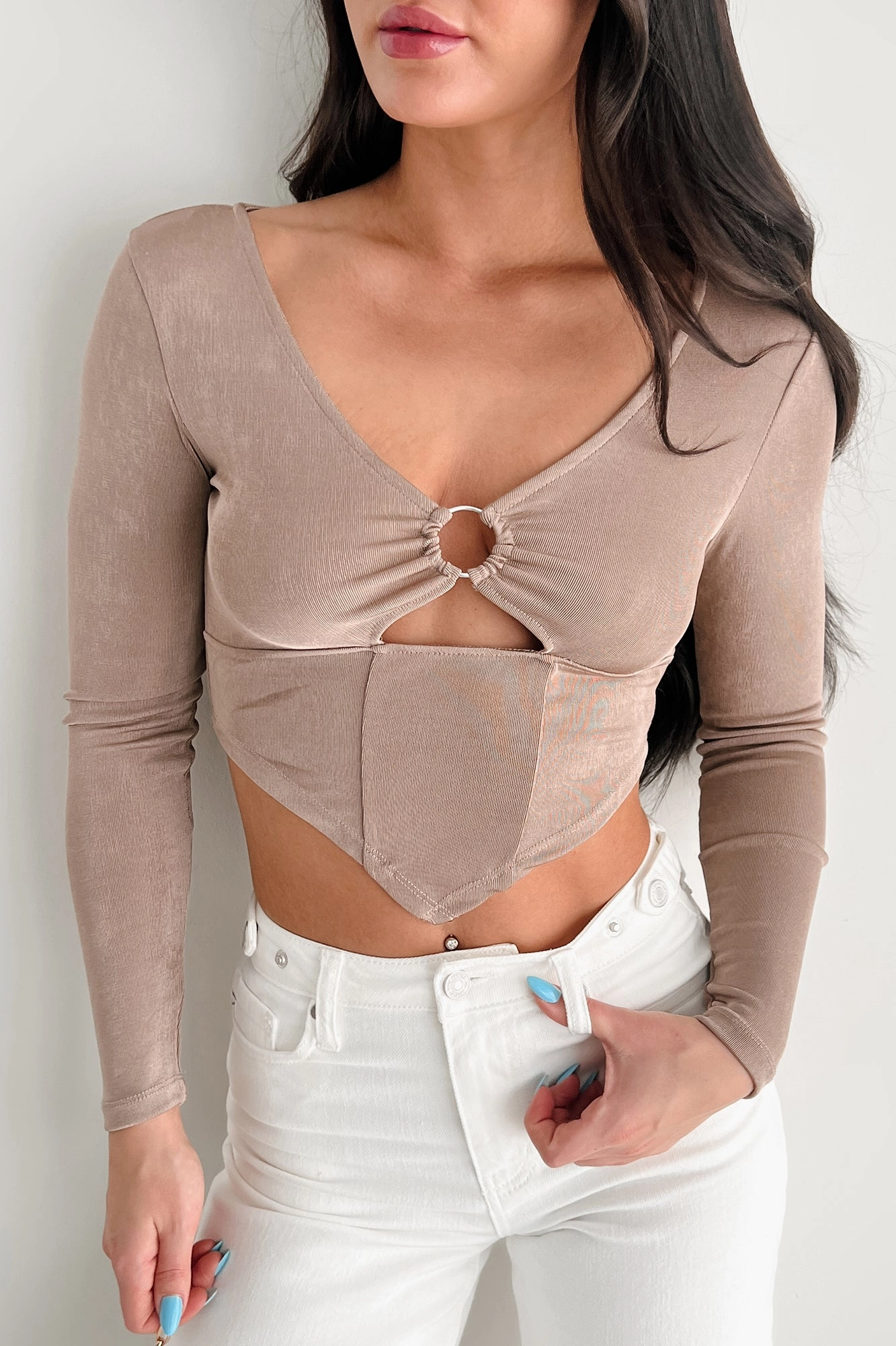 AntiStaticInnerLining BondedShoulder Enchanted Illusion Cut Out Long Sleeve Top (Soft Mocha)