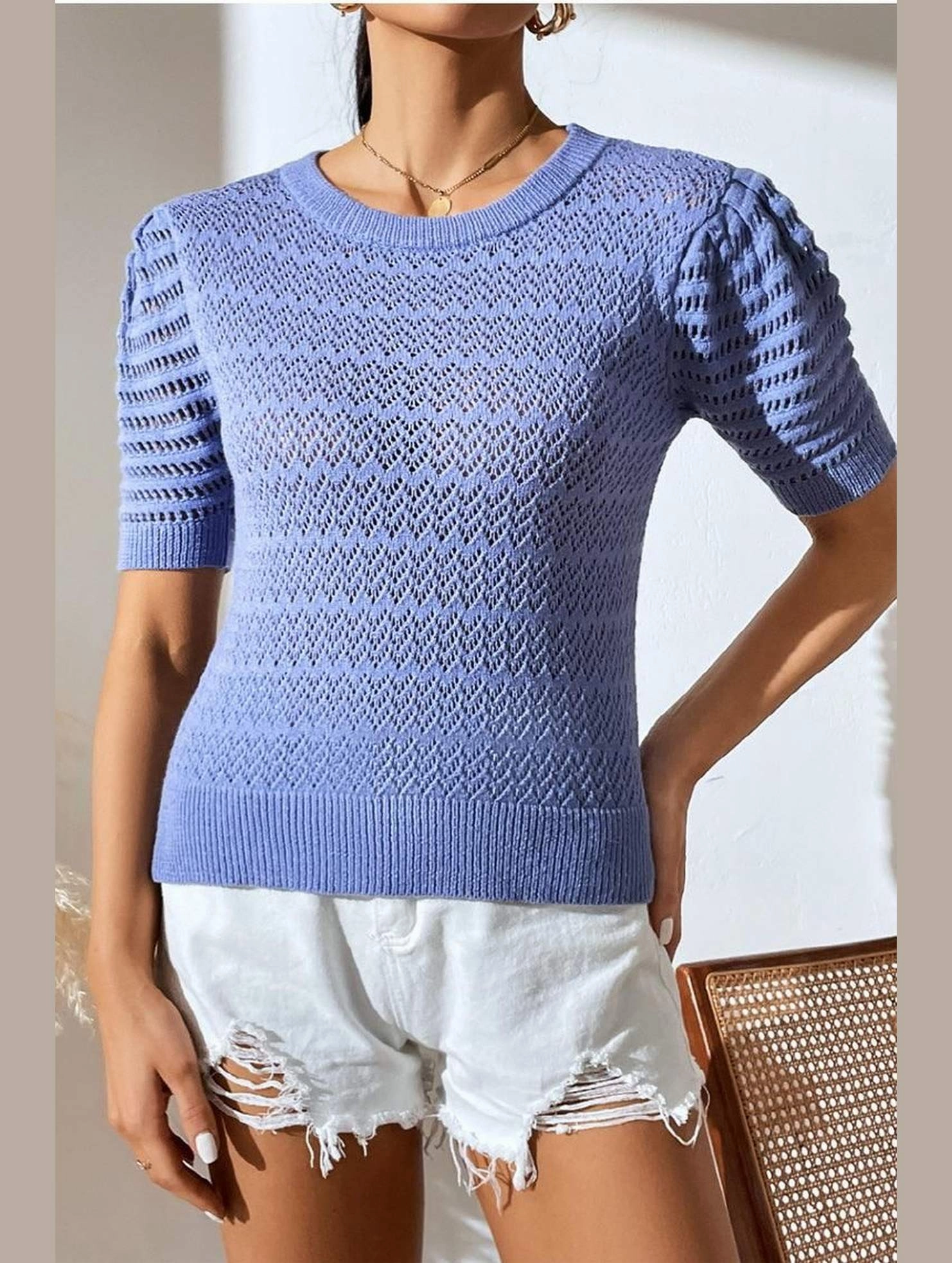 PATTERNED KNIT SHORT SLEEVE CASUAL TOP AllDayComfort Curved Hemline