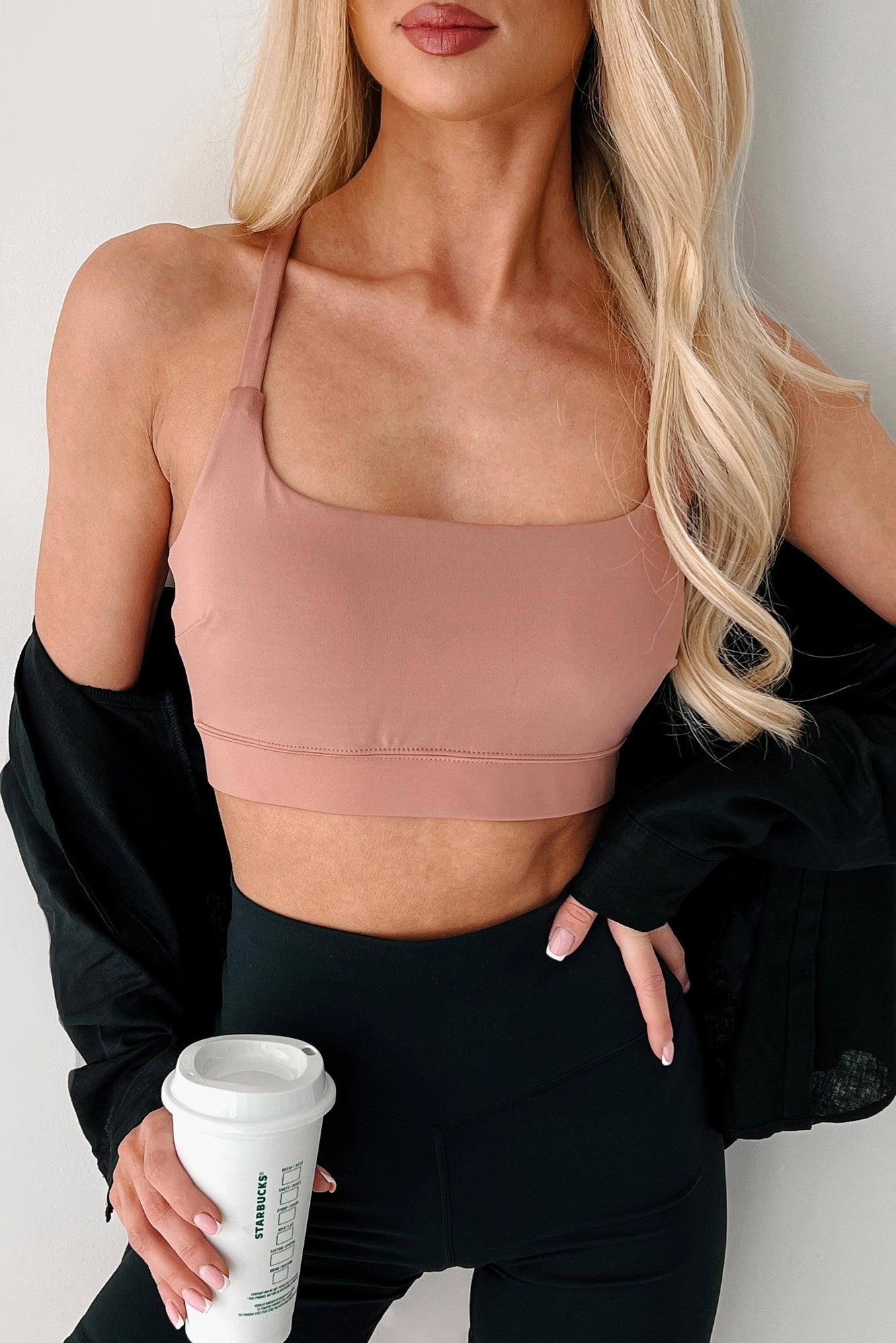 Ribbed Collar Design Game Face On Criss-Cross Activewear Top (Clay)