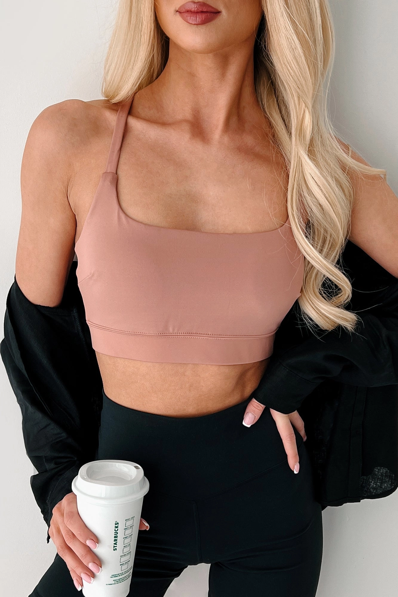 Game Face On Criss-Cross Activewear Top (Clay) FourWayStretchFabric Contrast Stitch Detail