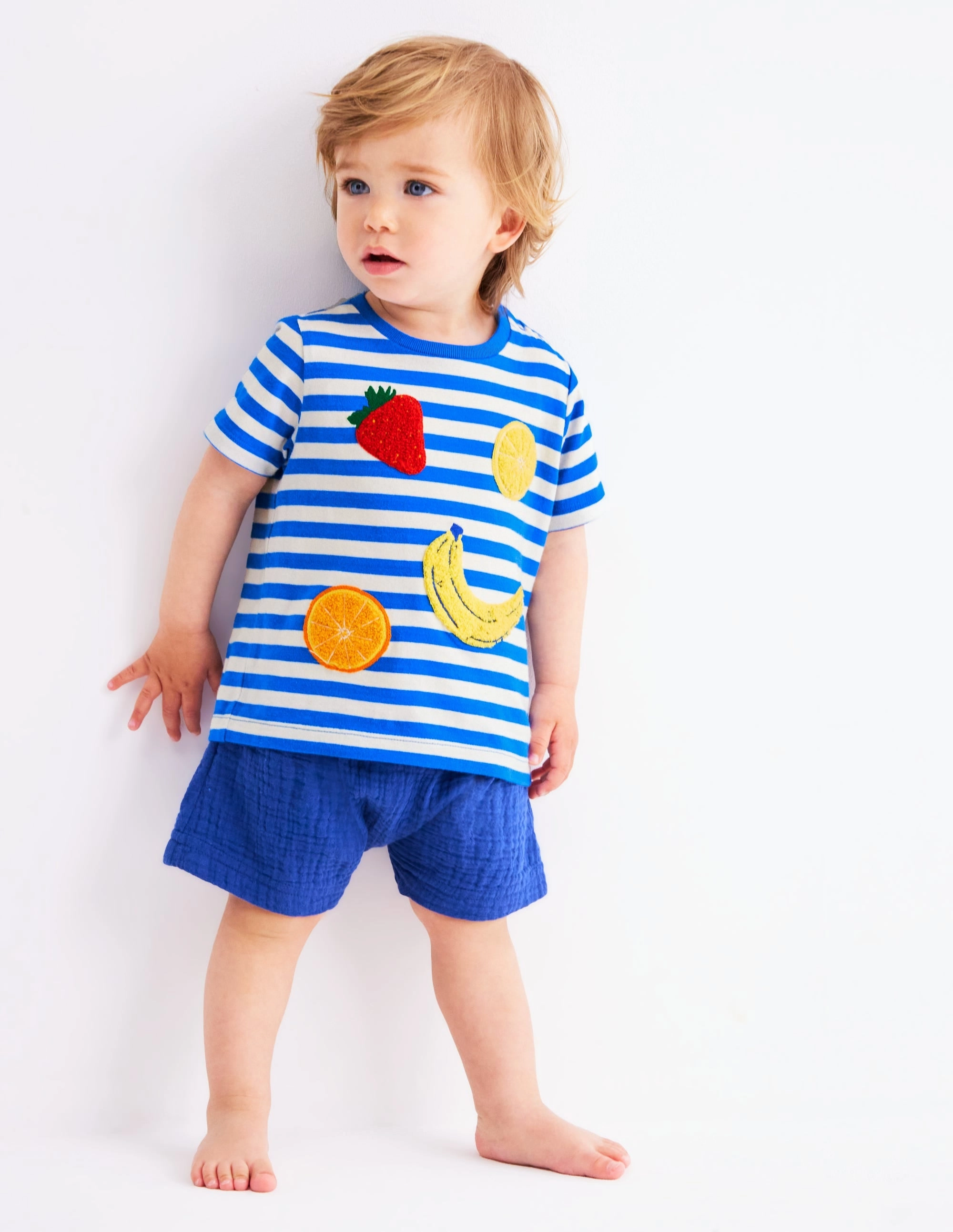 preshrunk Everyday Wear Logo Interest T-Shirt-Blue Stripe Fruit