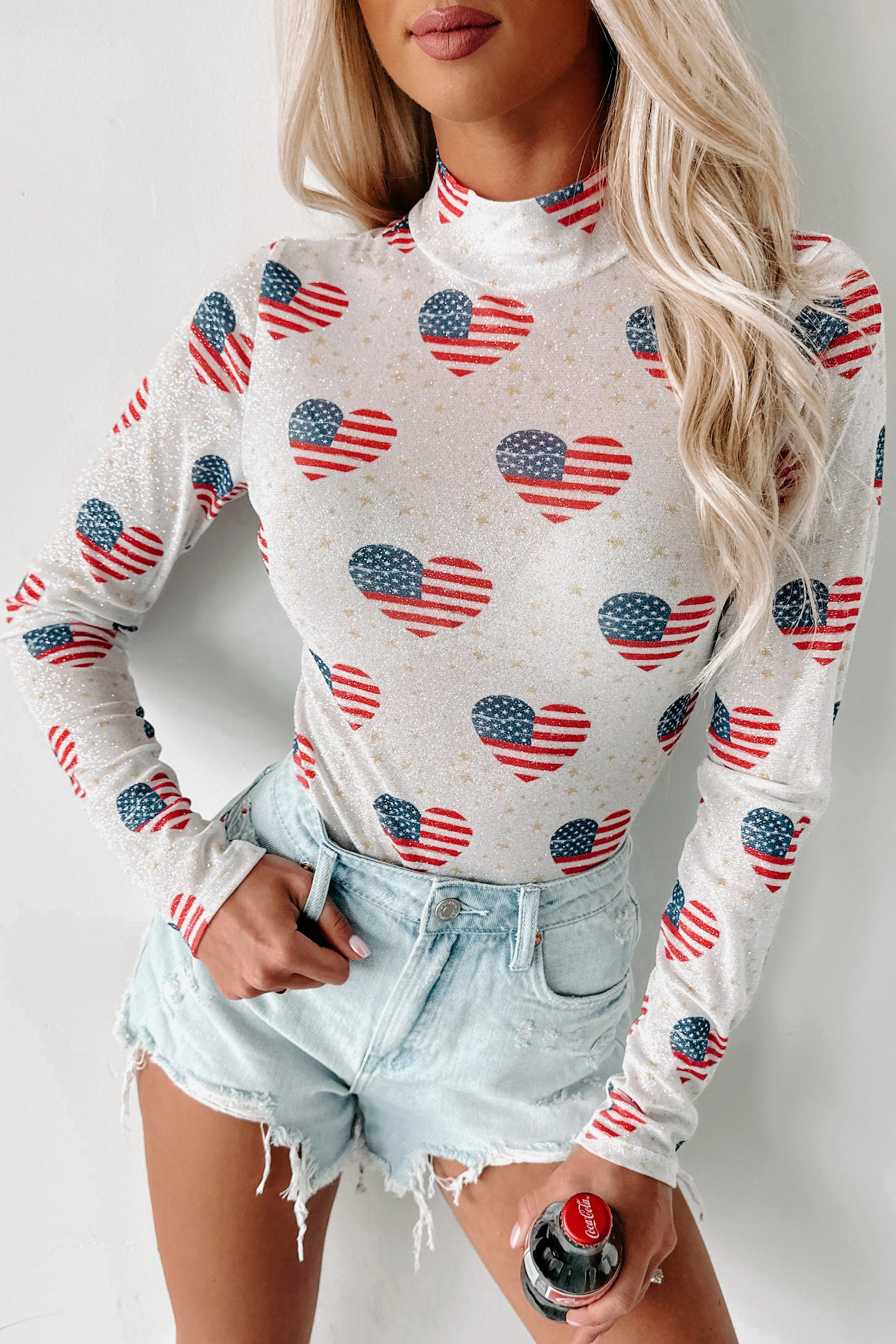 USA All The Way Americana Glitter Mesh Bodysuit (Red/White) LaserCut Edges Retro Style