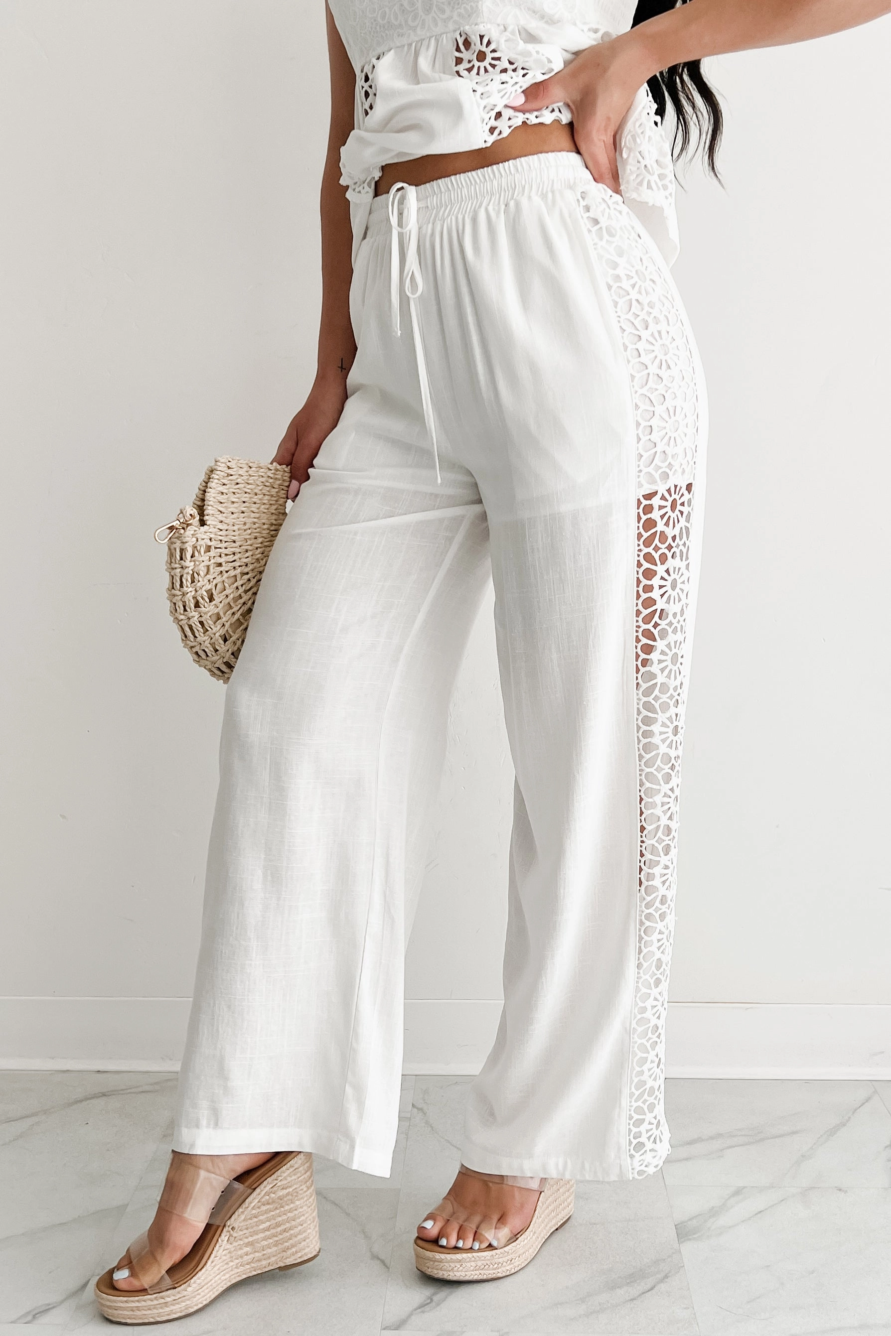 Gentle & Genuine Linen Crochet Wide Leg Pants (White) Long Wear