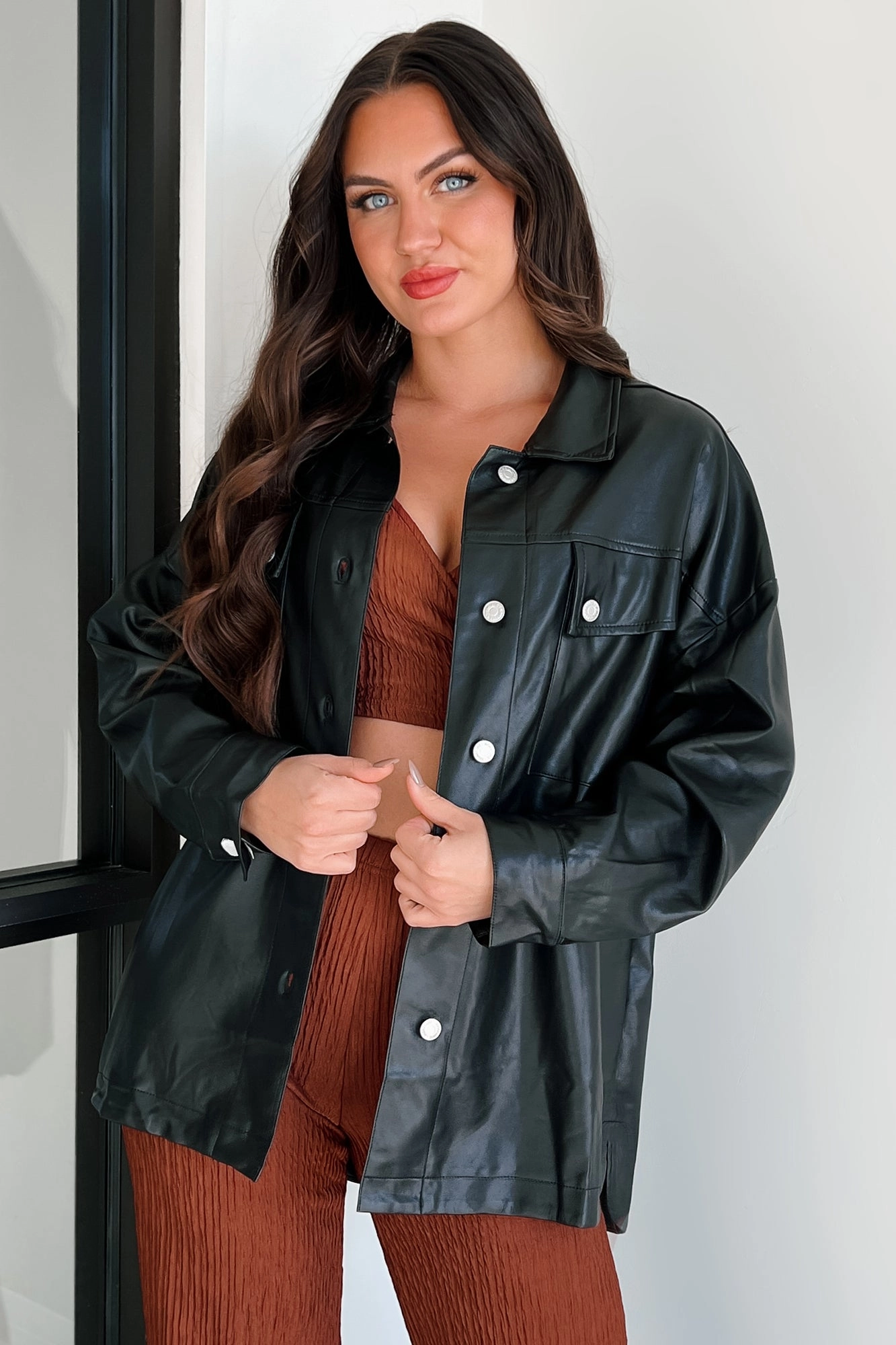 WrinkleFree Weaving PolishedFinish Baddie Alert Faux Leather Shacket (Black)