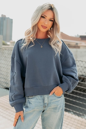 Cozy Cardigan Written In The Stars Patch Sweatshirt (Dusty Navy)
