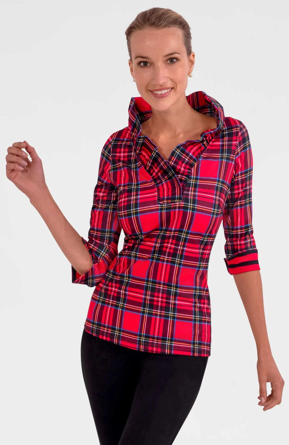 Autumn-Season Classic Appeal Gretchen Scott Ruffneck Top in Duke of York Red
