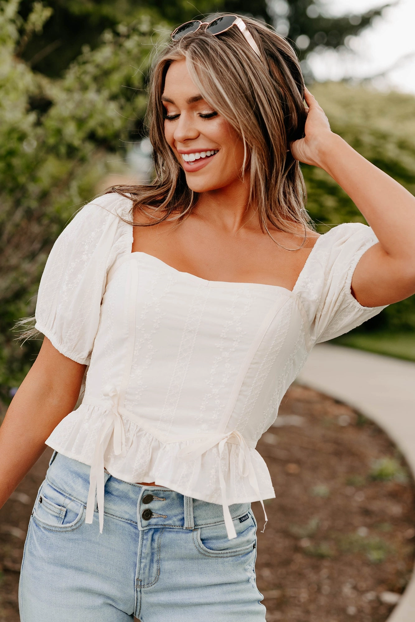 No Iron Fabric SweatWicking Fabric Yours For Now Floral Embroidered Crop Top (Ivory)