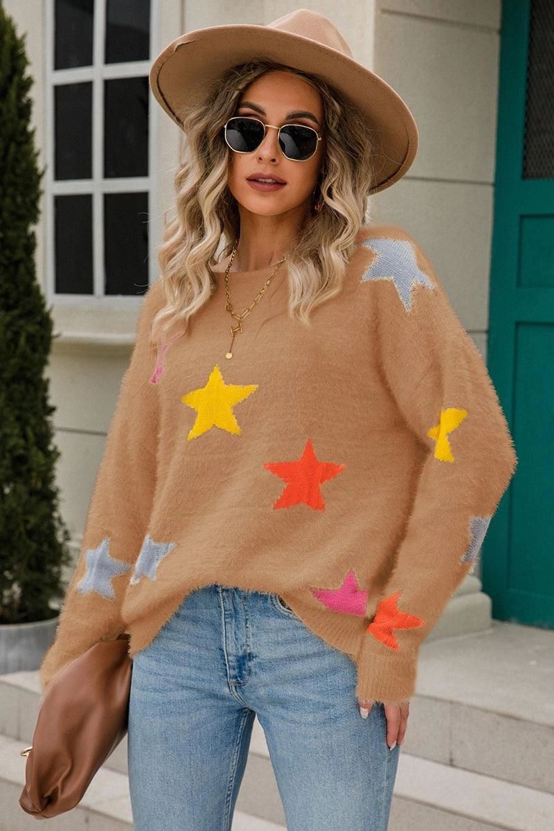SlubTexture WOMENS COLORED STAR PATTERN SWEATER TOP