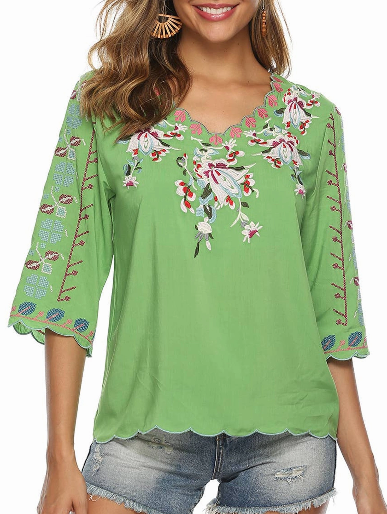 COTTON V-NECK FLORAL EMBROIDERED TOP_CWTBLL0824 Lightweight Design Comfy Cardigan