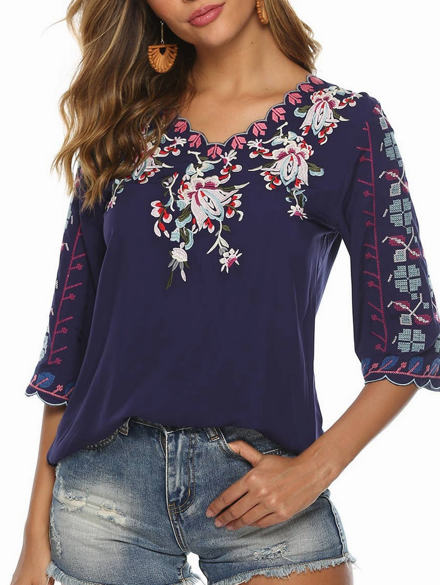 COTTON V-NECK FLORAL EMBROIDERED TOP_CWTBLL0824 Sun Protection Fabric Summer Style