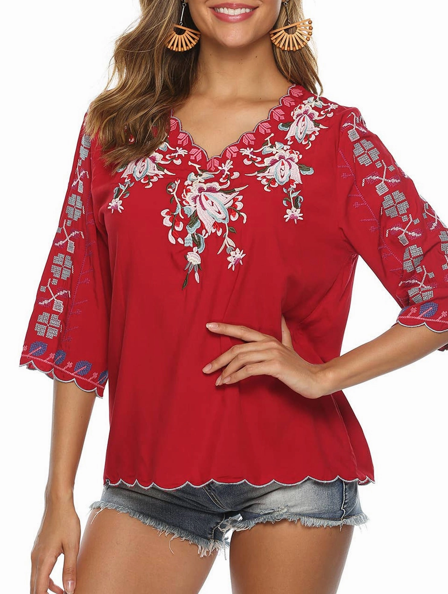 COTTON V-NECK FLORAL EMBROIDERED TOP_CWTBLL0824 HypoallergenicFibers Non Restrictive Fit