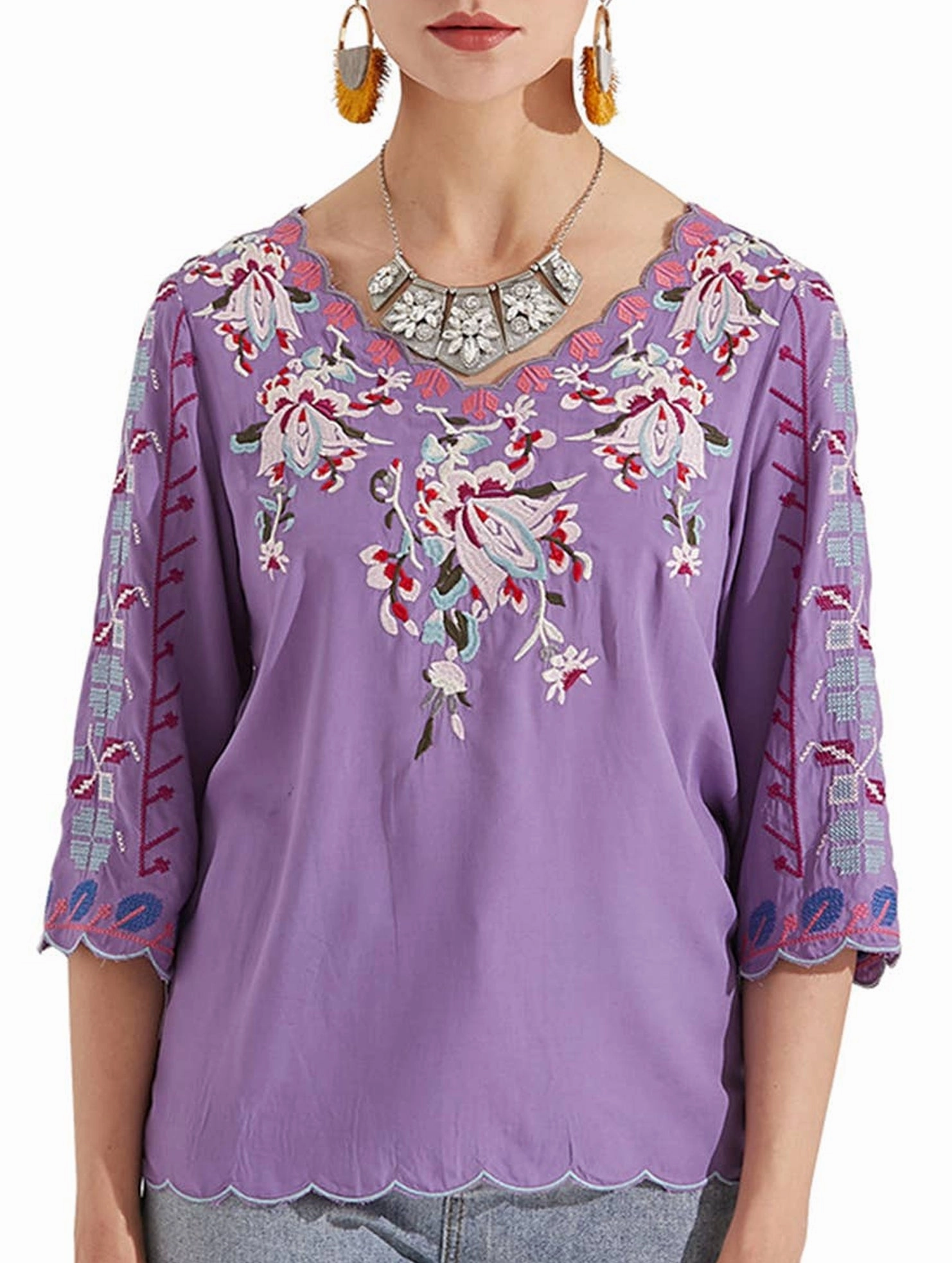 COTTON V-NECK FLORAL EMBROIDERED TOP_CWTBLL0824 Thermal Regulating Fabric